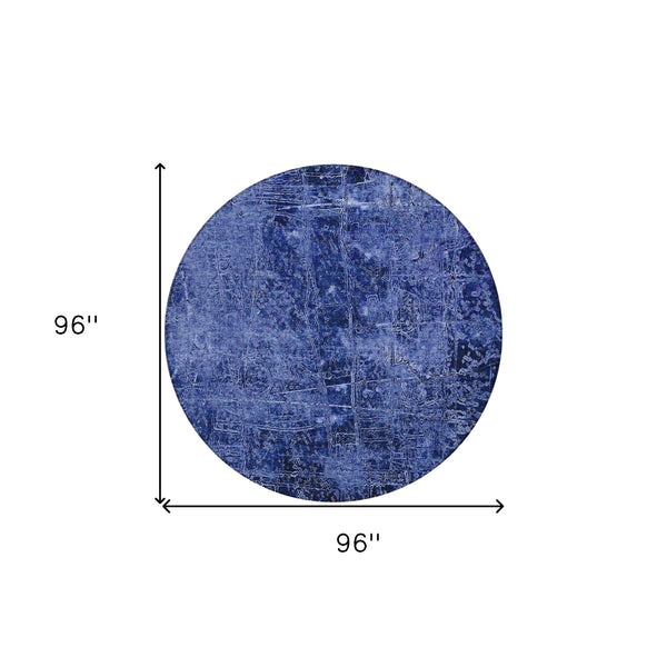 Homeroots 8' Round Navy Blue Round Abstract Washable Non Skid Indoor Outdoor Area Rug Navy Polyester 563138