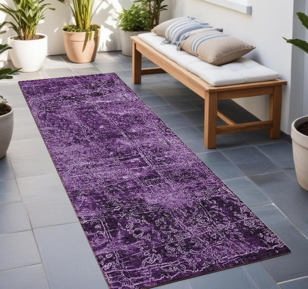 Homeroots 8' Runner Purple Abstract Washable Non Skid Indoor Outdoor Runner Rug Purple Polyester 563143