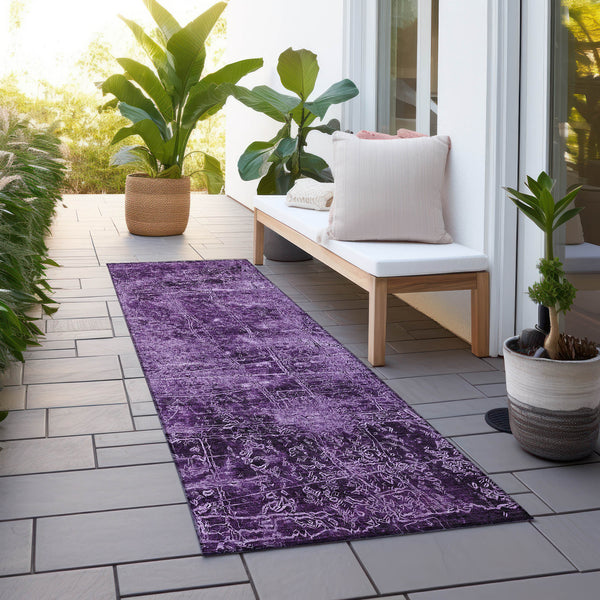 Homeroots 8' Runner Purple Abstract Washable Non Skid Indoor Outdoor Runner Rug Purple Polyester 563143