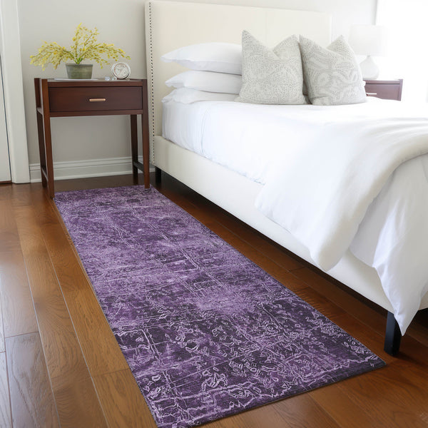 Homeroots 8' Runner Purple Abstract Washable Non Skid Indoor Outdoor Runner Rug Purple Polyester 563143