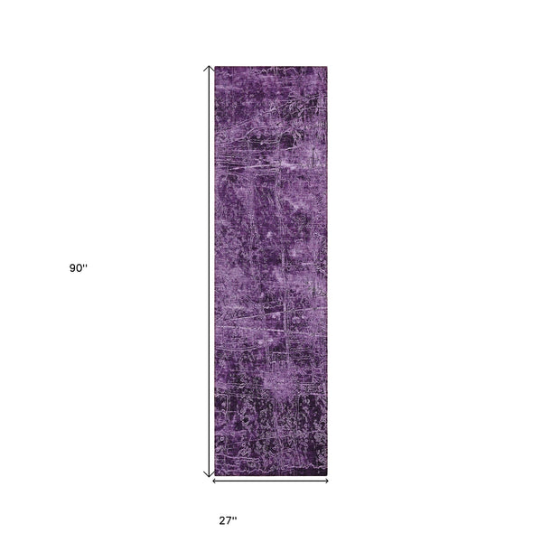 Homeroots 8' Runner Purple Abstract Washable Non Skid Indoor Outdoor Runner Rug Purple Polyester 563143