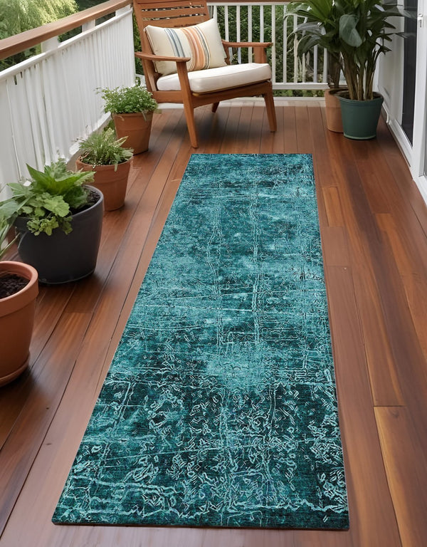 Homeroots 8' Runner Stylish Tan Abstract Washable Non-skid Indoor Outdoor Rug For Kids And Pets’ Safety Teal Polyester 563152