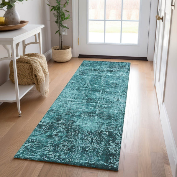 Homeroots 8' Runner Stylish Tan Abstract Washable Non-skid Indoor Outdoor Rug For Kids And Pets’ Safety Teal Polyester 563152