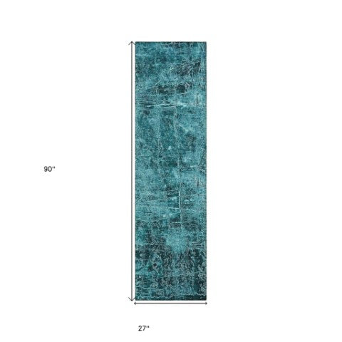 Homeroots 8' Runner Stylish Tan Abstract Washable Non-skid Indoor Outdoor Rug For Kids And Pets’ Safety Teal Polyester 563152