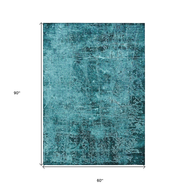 Homeroots 5' X 8' Teal Abstract Washable Non Skid Indoor Outdoor Area Rug Teal Polyester 563155
