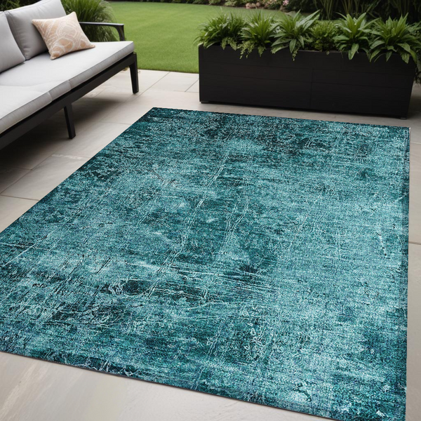 Homeroots 5' X 8' Teal Abstract Washable Non Skid Indoor Outdoor Area Rug Teal Polyester 563155