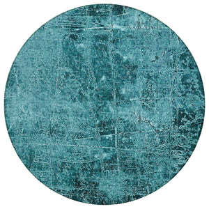 Homeroots 8' Round Teal Round Abstract Washable Non Skid Indoor Outdoor Area Rug Teal Polyester 563156