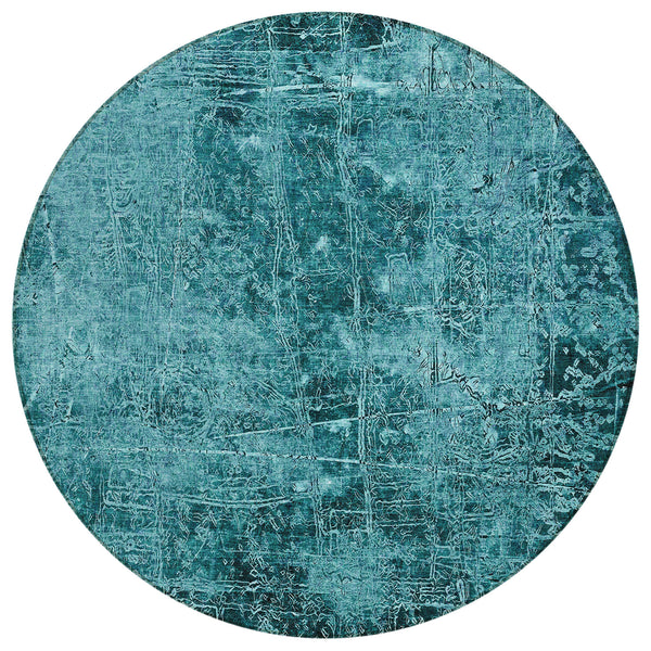 Homeroots 8' Round Teal Round Abstract Washable Non Skid Indoor Outdoor Area Rug Teal Polyester 563156
