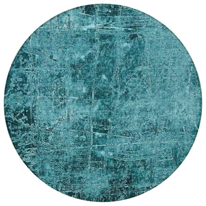 Homeroots 8' Round Teal Round Abstract Washable Non Skid Indoor Outdoor Area Rug Teal Polyester 563156