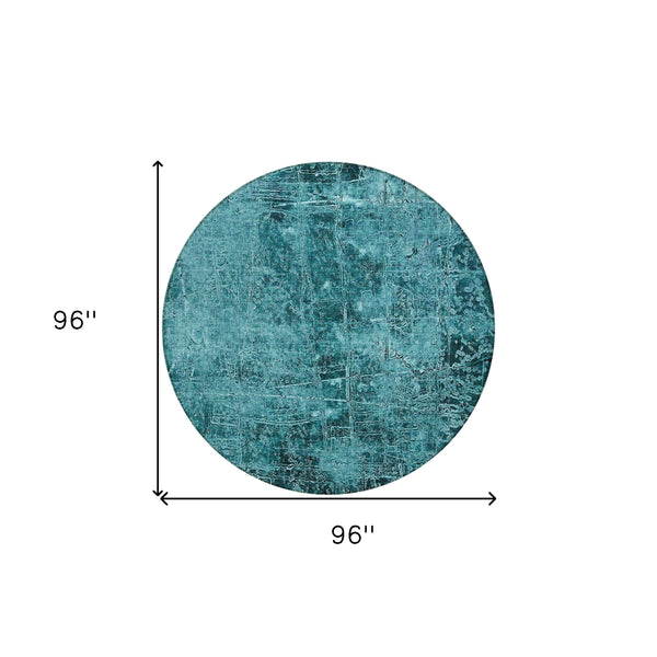 Homeroots 8' Round Teal Round Abstract Washable Non Skid Indoor Outdoor Area Rug Teal Polyester 563156