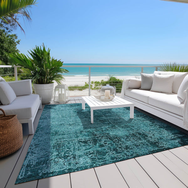 Homeroots 8' X 10' Teal Abstract Washable Non Skid Indoor Outdoor Area Rug Teal Polyester 563157