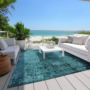 Homeroots 9' X 12' Teal Abstract Washable Non Skid Indoor Outdoor Area Rug Teal Polyester 563158