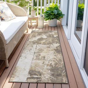 Homeroots 8' Runner Taupe And Ivory Floral Washable Non Skid Indoor Outdoor Runner Rug Beige Polyester 563161