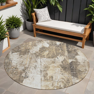 Homeroots 8' Round Taupe And Ivory Round Floral Washable Non Skid Indoor Outdoor Area Rug Beige Polyester 563165