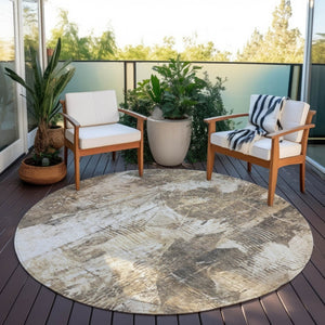 HomeRoots 5' Elegant Taupe and Ivory Floral Washable Area Rug for Indoor and Outdoor Use - Non-Skid Design 8' Round 563165