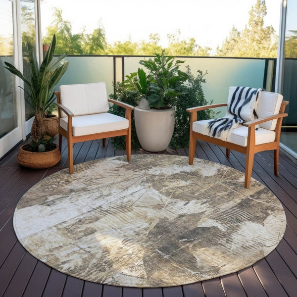 HomeRoots 5' Elegant Taupe and Ivory Floral Washable Area Rug for Indoor and Outdoor Use - Non-Skid Design 8' Round 563165