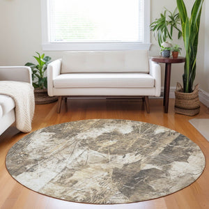 HomeRoots 5' Elegant Taupe and Ivory Floral Washable Area Rug for Indoor and Outdoor Use - Non-Skid Design 8' Round 563165