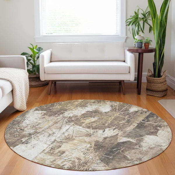 HomeRoots 5' Elegant Taupe and Ivory Floral Washable Area Rug for Indoor and Outdoor Use - Non-Skid Design 8' Round 563165