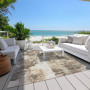 Homeroots 9' X 12' Taupe And Ivory Floral Washable Non Skid Indoor Outdoor Area Rug Beige Polyester 563167