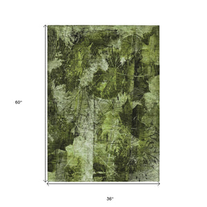 Homeroots 3' X 5' Green Floral Washable Non Skid Indoor Outdoor Area Rug Green Polyester 563172