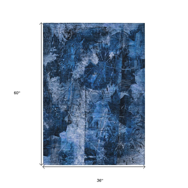 Homeroots 3' X 5' Navy Blue Floral Washable Non Skid Indoor Outdoor Area Rug Navy Polyester 563181