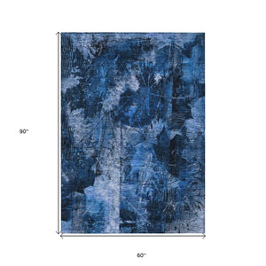 Homeroots 5' X 8' Navy Blue Floral Washable Non Skid Indoor Outdoor Area Rug Navy Polyester 563182