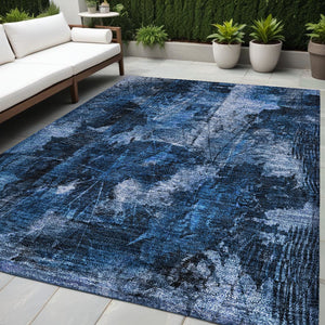 Homeroots 5' X 8' Navy Blue Floral Washable Non Skid Indoor Outdoor Area Rug Navy Polyester 563182