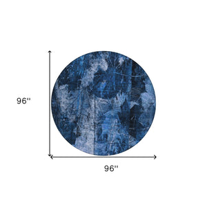 Homeroots 8' Round Navy Blue Round Floral Washable Non Skid Indoor Outdoor Area Rug Navy Polyester 563183