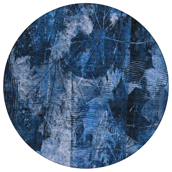 Homeroots 8' Round Navy Blue Round Floral Washable Non Skid Indoor Outdoor Area Rug Navy Polyester 563183