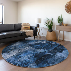 Homeroots 8' Round Navy Blue Round Floral Washable Non Skid Indoor Outdoor Area Rug Navy Polyester 563183