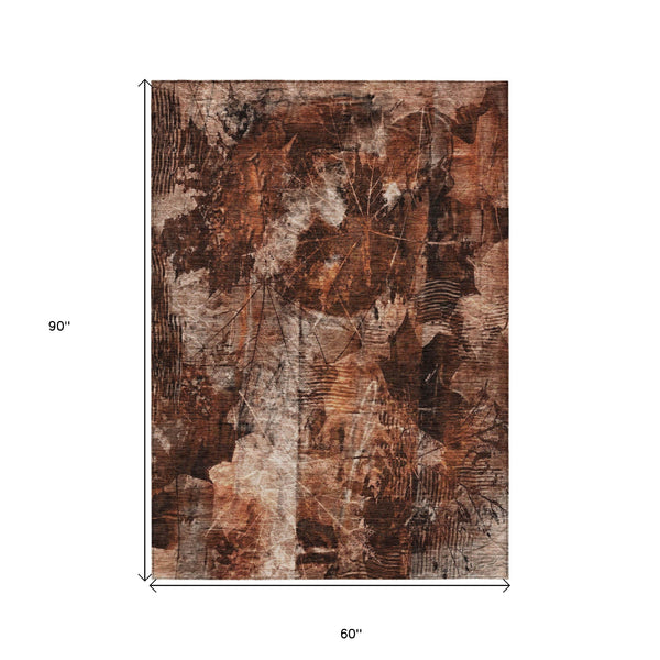 Homeroots 5' X 8' Orange Floral Washable Non Skid Indoor Outdoor Area Rug Paprika Polyester 563191