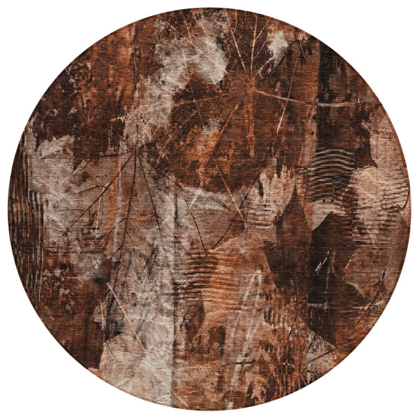 Homeroots 8' Round Orange Round Floral Washable Non Skid Indoor Outdoor Area Rug Paprika Polyester 563192