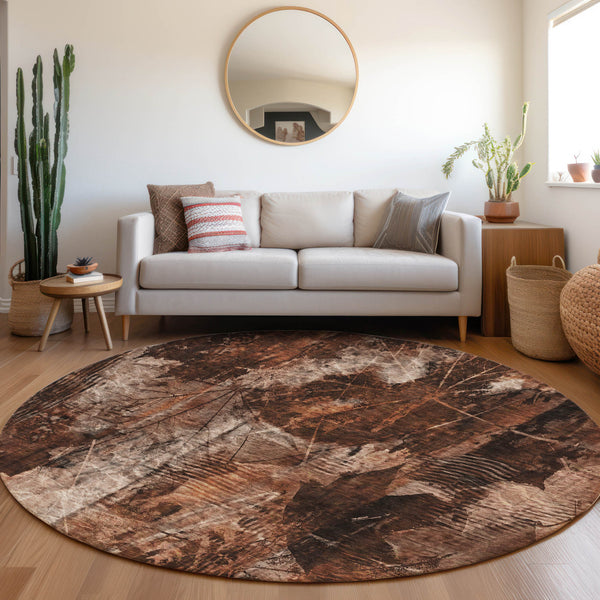 Homeroots 8' Round Orange Round Floral Washable Non Skid Indoor Outdoor Area Rug Paprika Polyester 563192