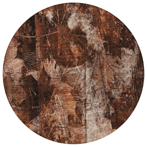 Homeroots 8' Round Orange Round Floral Washable Non Skid Indoor Outdoor Area Rug Paprika Polyester 563192