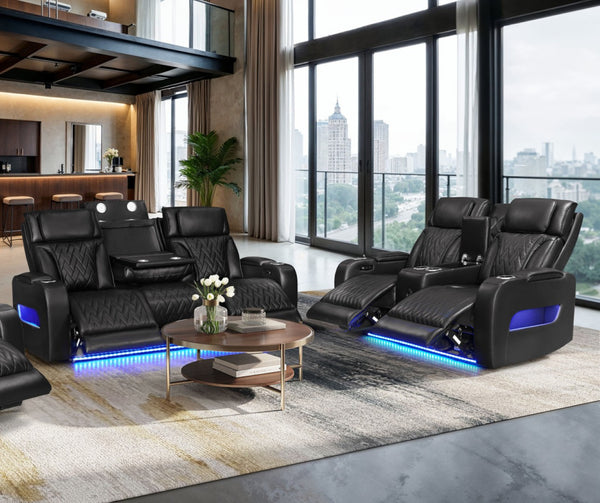 English Elm Jazmina Power Reclining Sofa Loveseat Set with Led Lighting and Bluetooth Speakers Black B2749S00346