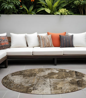 HomeRoots 5' Elegant Taupe and Ivory Floral Washable Area Rug for Indoor and Outdoor Use - Non-Skid Design 8' Round 563201