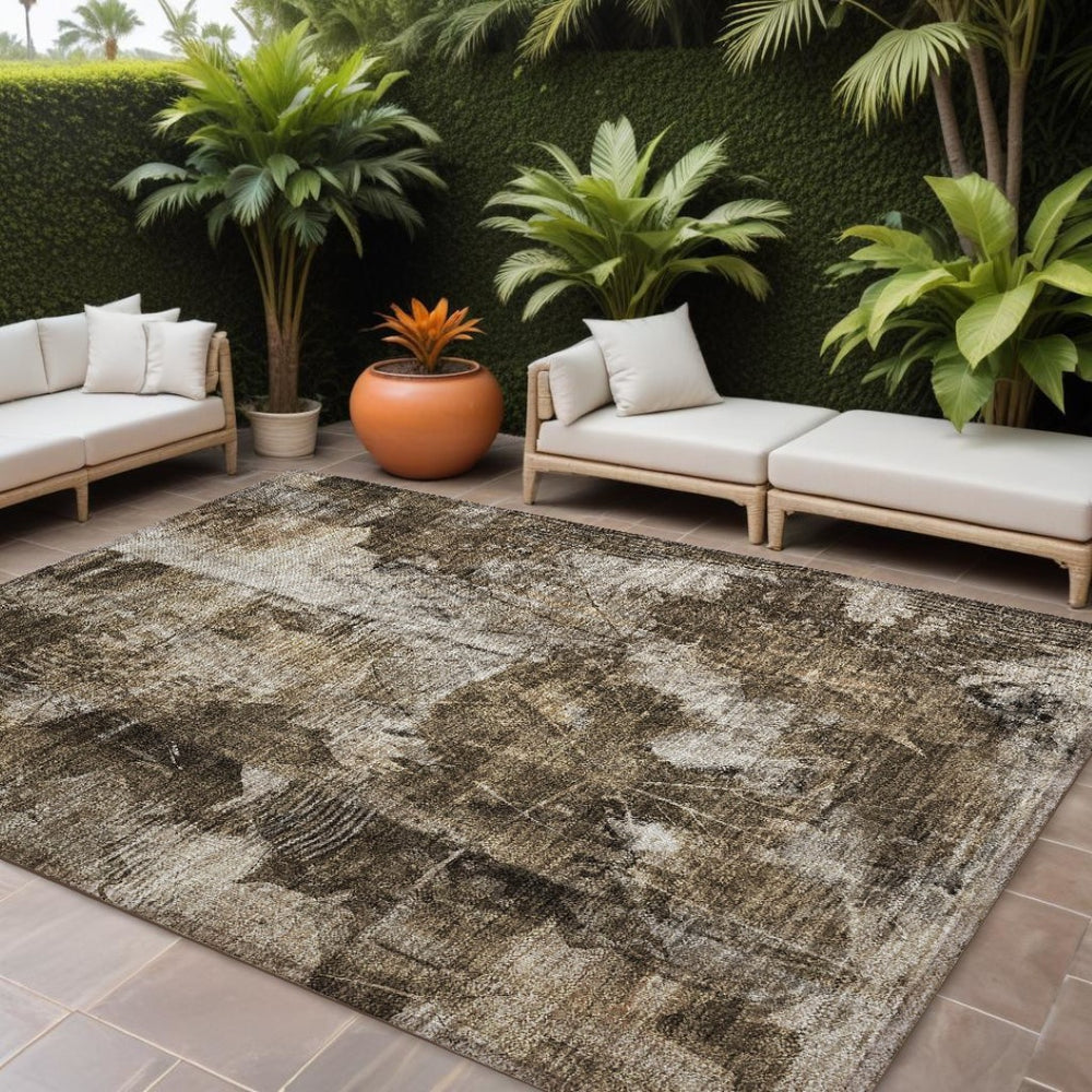 HomeRoots 5' Elegant Taupe and Ivory Floral Washable Area Rug for Indoor and Outdoor Use - Non-Skid Design 10' X 14' 563204