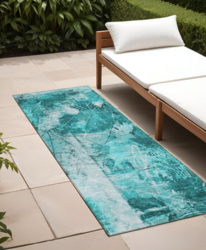 Homeroots 8' Runner Teal Floral Washable Non Skid Indoor Outdoor Runner Rug Teal Polyester 563206