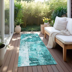 Homeroots 8' Runner Teal Floral Washable Non Skid Indoor Outdoor Runner Rug Teal Polyester 563206