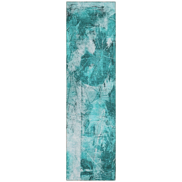 Homeroots 8' Runner Teal Floral Washable Non Skid Indoor Outdoor Runner Rug Teal Polyester 563206