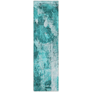 Homeroots 8' Runner Teal Floral Washable Non Skid Indoor Outdoor Runner Rug Teal Polyester 563206
