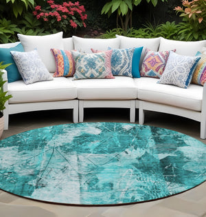 Homeroots 8' Round Teal Round Floral Washable Non Skid Indoor Outdoor Area Rug Teal Polyester 563210