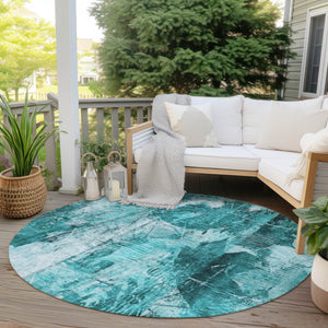 Homeroots 8' Round Teal Round Floral Washable Non Skid Indoor Outdoor Area Rug Teal Polyester 563210