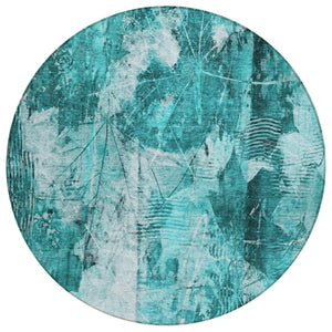 Homeroots 8' Round Teal Round Floral Washable Non Skid Indoor Outdoor Area Rug Teal Polyester 563210