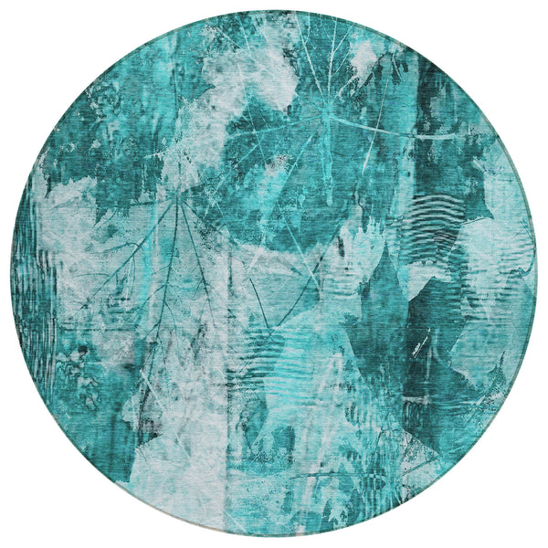 Homeroots 8' Round Teal Round Floral Washable Non Skid Indoor Outdoor Area Rug Teal Polyester 563210