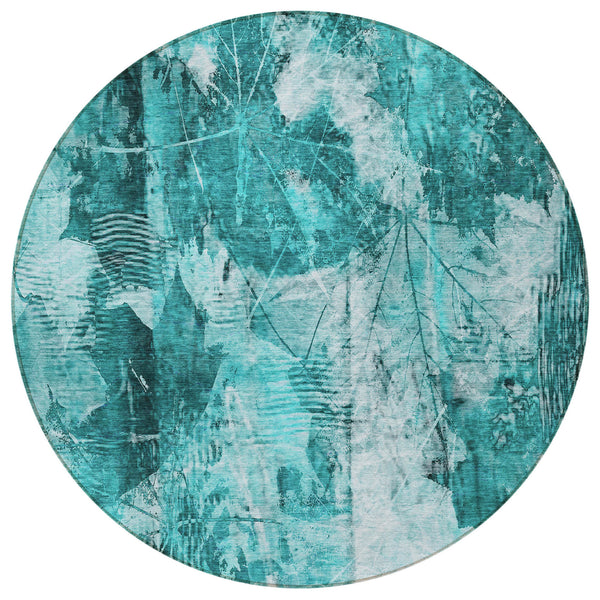 Homeroots 8' Round Teal Round Floral Washable Non Skid Indoor Outdoor Area Rug Teal Polyester 563210