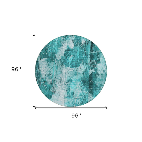 Homeroots 8' Round Teal Round Floral Washable Non Skid Indoor Outdoor Area Rug Teal Polyester 563210