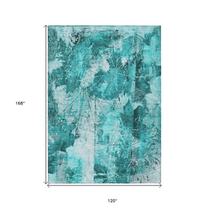 Homeroots 10' X 14' Teal Floral Washable Non Skid Indoor Outdoor Area Rug Teal Polyester 563213