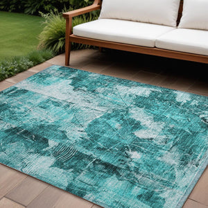 Homeroots 10' X 14' Teal Floral Washable Non Skid Indoor Outdoor Area Rug Teal Polyester 563213