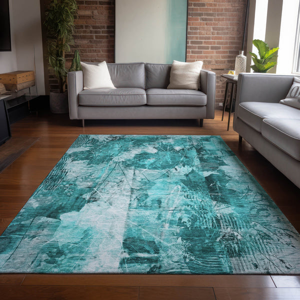 Homeroots 10' X 14' Teal Floral Washable Non Skid Indoor Outdoor Area Rug Teal Polyester 563213
